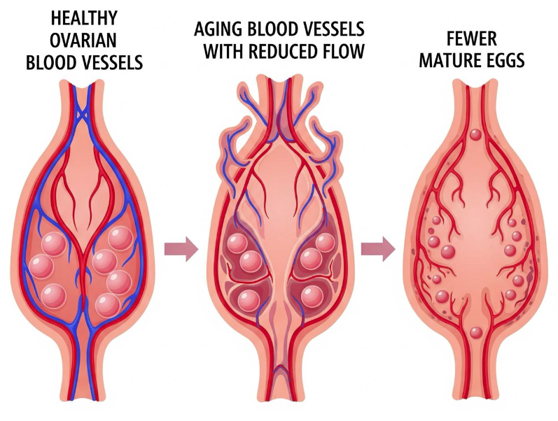 Illustration of healthy ovarian blood vessels and the aging process